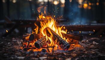 ai generiert Verbrennung Holz entzündet sich Lagerfeuer, glühend Glut Beleuchtung dunkel Nacht generiert durch ai foto