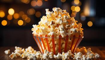 ai generiert frisch Popcorn im ein Gelb Schüssel, perfekt Film Theater Snack generiert durch ai foto