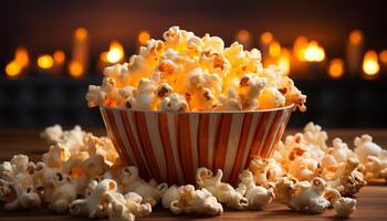 ai generiert frisch Popcorn im ein Gelb Schüssel, perfekt Film Theater Snack generiert durch ai foto