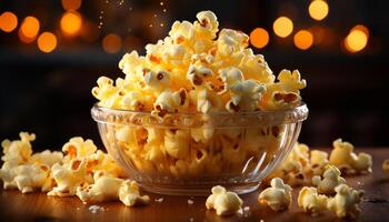 ai generiert ein frisch Schüssel von Süss Popcorn zum Film Nacht generiert durch ai foto