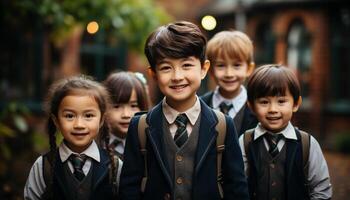 ai generiert lächelnd Kinder im Schule Uniformen, draußen, suchen beim Kamera generiert durch ai foto