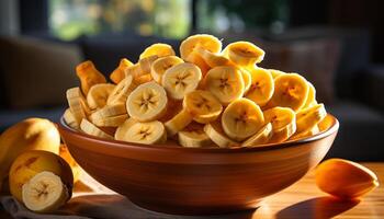 ai generiert frisch Obst Schüssel auf hölzern Tisch, ein gesund und Süss Snack generiert durch ai foto