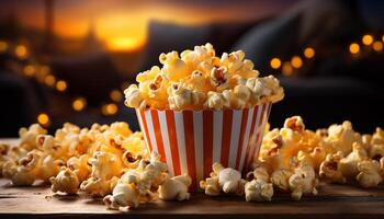 ai generiert frisch Popcorn im ein Gelb Eimer, perfekt Film Theater Snack generiert durch ai foto