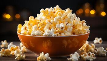 ai generiert Aufpassen ein Film, verwöhnen im Gourmet Popcorn Erfrischung generiert durch ai foto