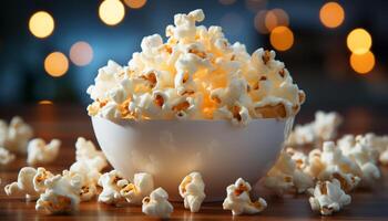 ai generiert frisch Popcorn, Süss Süssigkeit, und flauschige Karamell zum Film Nacht generiert durch ai foto