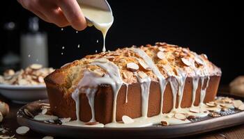 ai generiert hausgemacht Schokolade Kuchen Scheibe auf hölzern Tisch, bereit zu Essen Genuss generiert durch ai foto