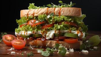 ai generiert Frische auf ein Teller gegrillt Sandwich mit organisch Fleisch generiert durch ai foto