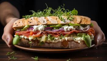 ai generiert gegrillt Fleisch auf Ciabatta, frisch Salat, rustikal hausgemacht Sandwich generiert durch ai foto