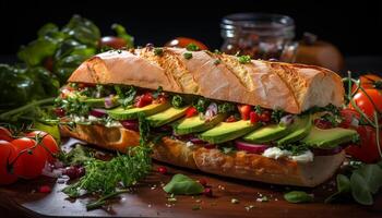 ai generiert Frische auf Teller gegrillt Fleisch, gesund Sandwich, hausgemacht Salat generiert durch ai foto