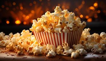 ai generiert frisch Popcorn, Süss Süssigkeit, und gebuttert Genuss beim das Filme generiert durch ai foto