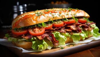 ai generiert gegrillt Fleisch auf Ciabatta, frisch Salat, gesund Sandwich Mahlzeit generiert durch ai foto