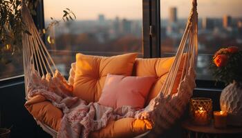 ai generiert ein gemütlich Herbst Abend, einer Person ruhen auf ein komfortabel Sofa, genießen Natur durch das Fenster generiert durch ai foto