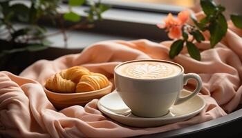 ai generiert frisch Cappuccino auf hölzern Tisch, ein perfekt Kaffee brechen generiert durch ai foto