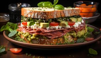 ai generiert Frische auf ein Teller Gourmet Sandwich mit gegrillt Fleisch und Gemüse generiert durch ai foto