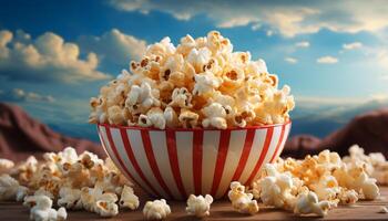 ai generiert Aufpassen Film, Essen Popcorn, genießen Süss Essen, entspannend im Theater generiert durch ai foto