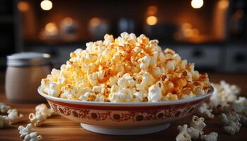 ai generiert frisch Popcorn, Süss Süssigkeit, und erfrischend trinken zum Film Nacht generiert durch ai foto