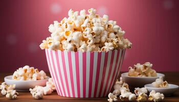 ai generiert Aufpassen ein Film, Essen auf frisch Popcorn im ein gestreift Schüssel generiert durch ai foto