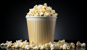 ai generiert Aufpassen ein Film mit ein Eimer von Popcorn und Limonade generiert durch ai foto