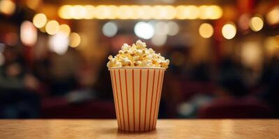 ai generiert voll Popcorn gestreift Eimer mit Bokeh Beleuchtung im Kino Rahmen auf verwischen Hintergrund. Vorderseite Sicht. generativ ai foto