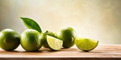 ai generiert frisch Zitronen auf ein hölzern Tisch. zitronig Frische. Grün sauer Früchte. generativ ai foto
