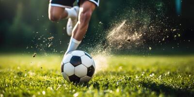 ai generiert trete von Fußball Ball auf Grün Feld mit Schmutz fliegend. schließen oben von Fußball Schuh Schlagen Ball. generativ ai foto