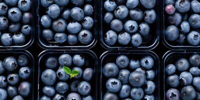 ai generiert Kisten voll von Beeren. Plastik Behälter von Blaubeeren. natürlich Essen, gesund Nahrung Hintergrund. generativ ai foto