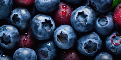 ai generiert Haufen von Blaubeeren und ein rot Beere mit Wasser Tröpfchen. Essen Hintergrund. oben Aussicht von frisch Beeren. generativ ai foto