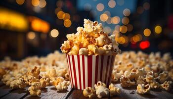 ai generiert frisch Popcorn, Süssigkeit, und Limonade zum ein Film Nacht generiert durch ai foto