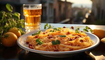 ai generiert frisch Pasta und Meeresfrüchte Mahlzeit auf rustikal hölzern Tabelle generiert durch ai foto