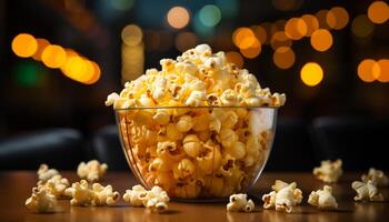 ai generiert Aufpassen ein Film drinnen, Essen auf frisch Popcorn generiert durch ai foto