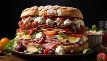 ai generiert gegrillt Fleisch Sandwich auf Ciabatta, ein köstlich Mittagessen Möglichkeit generiert durch ai foto