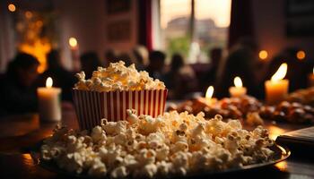 ai generiert nachsichtig Snack, glühend Kerze, Film Nacht perfekt Entspannung generiert durch ai foto