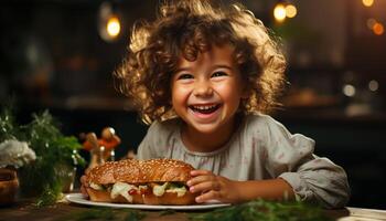 ai generiert lächelnd Kind genießt Mahlzeit, suchen beim Kamera mit Freude generiert durch ai foto