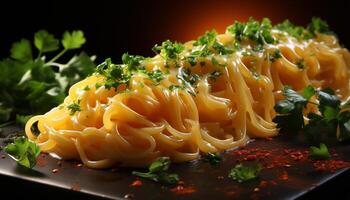 ai generiert gesund Vegetarier Pasta Mahlzeit mit frisch Zutaten und Bohnenkraut Soße generiert durch ai foto