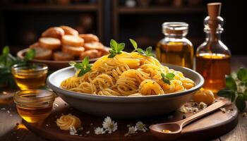 ai generiert frisch hausgemacht Pasta auf rustikal hölzern Tisch, gesund Gourmet Mahlzeit generiert durch ai foto