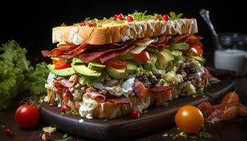 ai generiert gegrillt Fleisch auf Ciabatta, frisch Salat, hausgemacht Sandwich Freude generiert durch ai foto