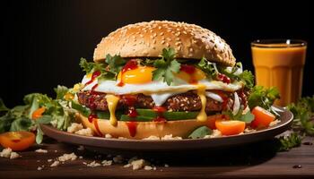 ai generiert gegrillt Gourmet Cheeseburger auf ein hölzern Tisch, bereit zu Essen generiert durch ai foto