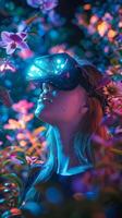 ai generiert Frau im vr Headset umgeben durch Blumen foto