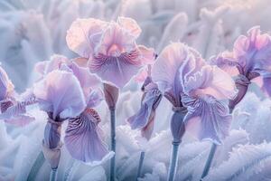 ai generiert Frost kantig Iris Blüten beim Dämmerung foto