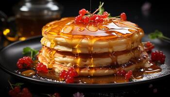 ai generiert ein Stapel von hausgemacht Pfannkuchen mit frisch Beeren und Sirup generiert durch ai foto