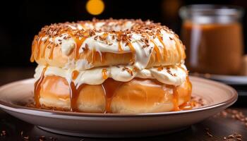 ai generiert hausgemacht Dessert Süss Krapfen mit Schokolade Glasur auf hölzern Tabelle generiert durch ai foto