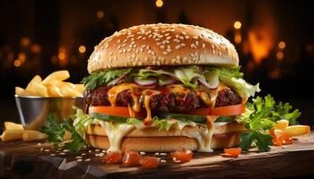 ai generiert gegrillt Rindfleisch Burger mit Tomate, Gourmet brot, und Käse generiert durch ai foto
