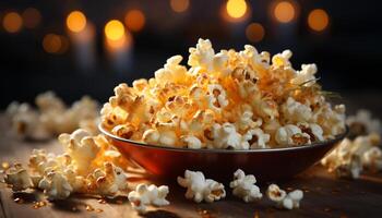 ai generiert Frische und Genuss im ein Gourmet Schüssel von gebuttert Popcorn generiert durch ai foto