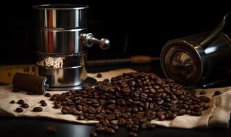 ai generiert Kaffee Bohnen und Kaffee Schleifer auf hölzern Tabelle foto