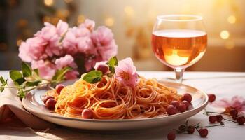 ai generiert frisch Pasta auf hölzern Tisch, gepaart mit Wein und Kräuter generiert durch ai foto