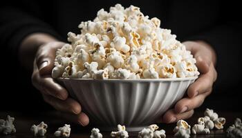 ai generiert ein Hand halten ein Schüssel von frisch, gesund Snacks generiert durch ai foto