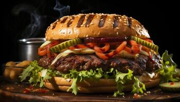 ai generiert gegrillt Rindfleisch Burger mit Käse, Tomate, und hausgemacht Brötchen generiert durch ai foto