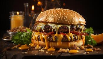 ai generiert gegrillt Rindfleisch Burger, Gourmet Mahlzeit, Frische auf rustikal hölzern Tabelle generiert durch ai foto
