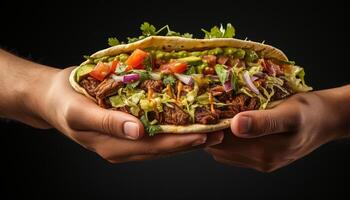 ai generiert gegrillt Rindfleisch Taco, frisch Guacamole, und hausgemacht Salsa auf Tortilla generiert durch ai foto