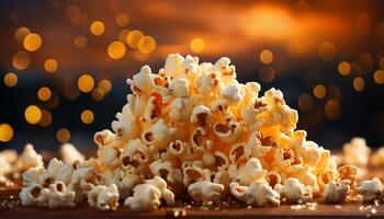 ai generiert frisch Popcorn, Süssigkeit, und glühend Beleuchtung erleuchten das Film Theater generiert durch ai foto